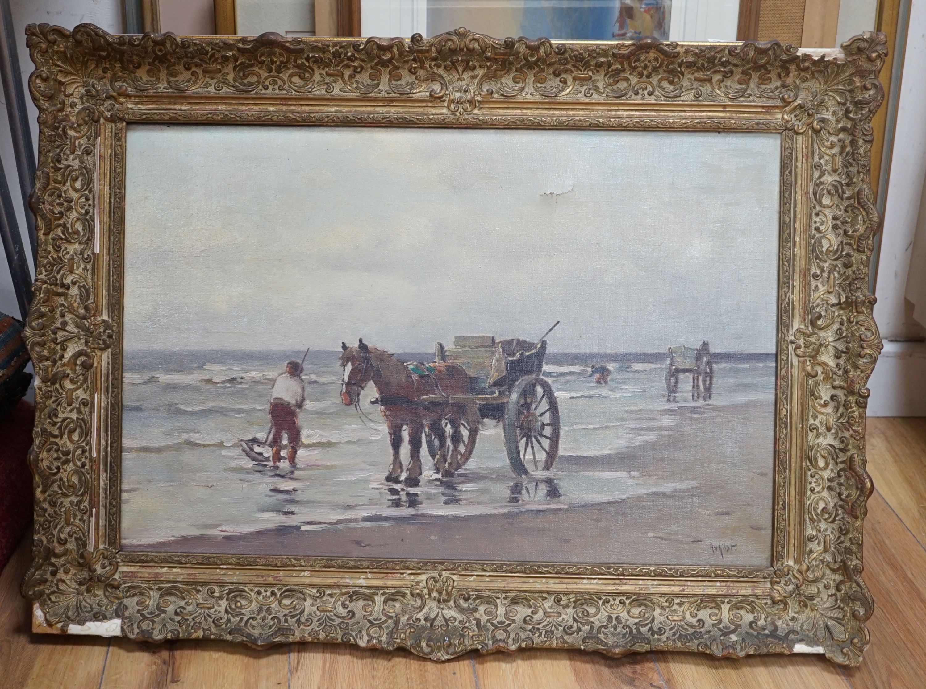 Arnout van Gilst (1898-1982), oil on canvas, seaweed gatherers, signed, 39 cm X 60 cm